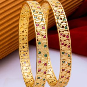 Premium quality Gold Plated Floral Design Multicolor Stone Studded Kadas for Women