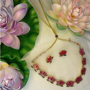 Floral Necklace Set for Women & Girls Lotus chain pink
