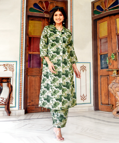 Green Floral Printed A-line Kurta