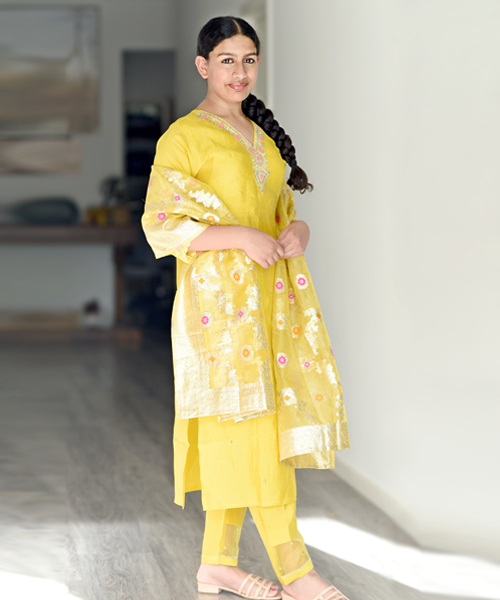 Silk Kurta With Trousers & Dupatta - Image 2