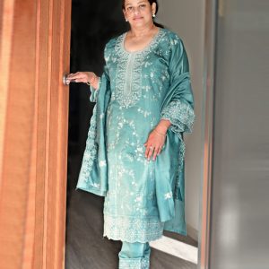 Womens Embroidered Silk Blend Straight Kurta With Trousers and Dupatta