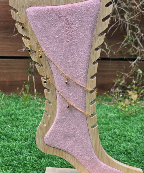 Gold plated box chain anklet with black beads